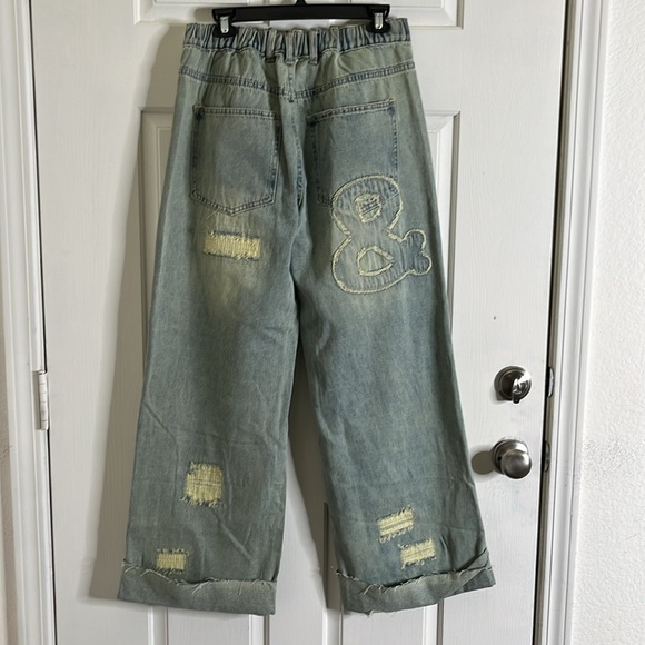 Oli & Hali Love Patch Wide Leg Baggy Denim Pants size Large Boho Distressed NWOT - Picture 8 of 13